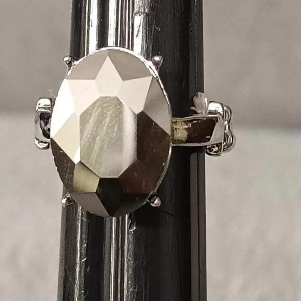 Silvertone Black Faceted Stone Statement Ring Stretch‎ OSFM New_3